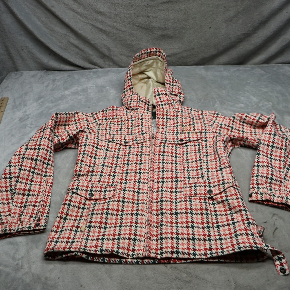 Burton Jacket Womens Small Red Plaid Houndstooth Softshell Hooded Snow Wind Rain